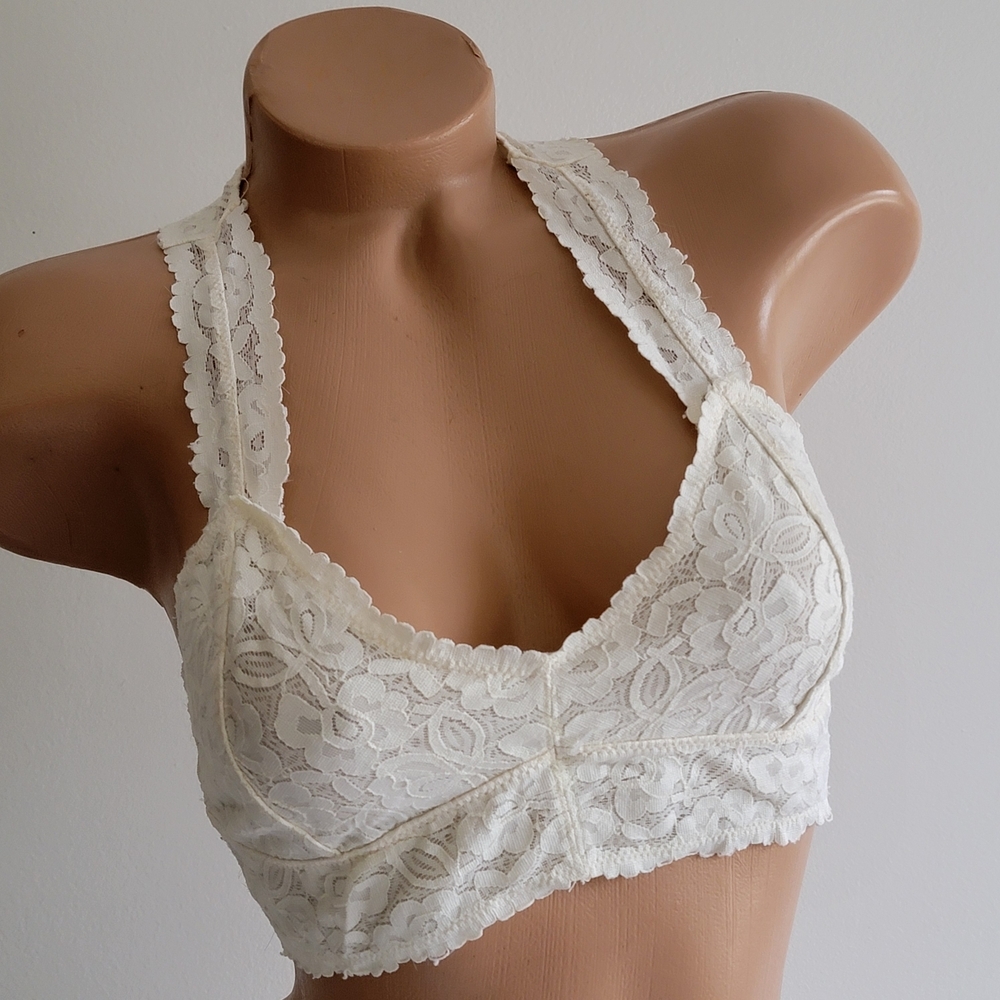 Lace Halter Bralette Cream Racherback Stretch Small
